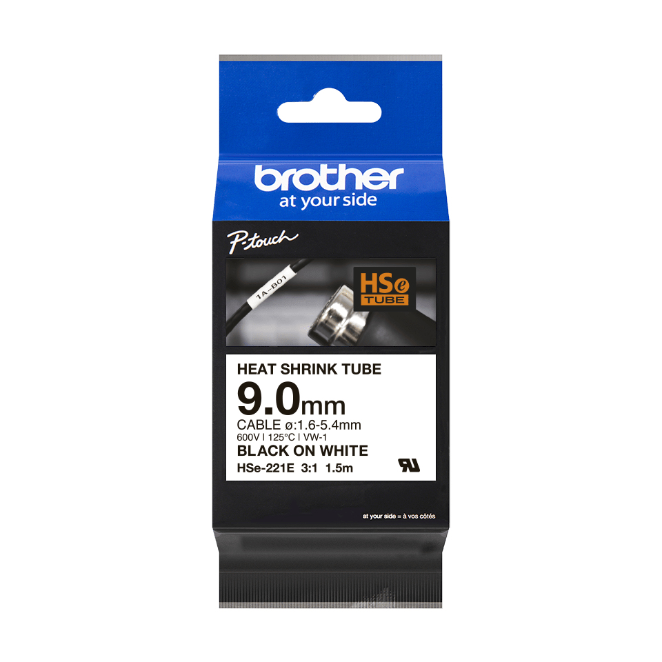 Brother Schrumpfschlauch HSe-221E / HSE221E, schwarz auf weiß, 9,0 mm x 1,5 m