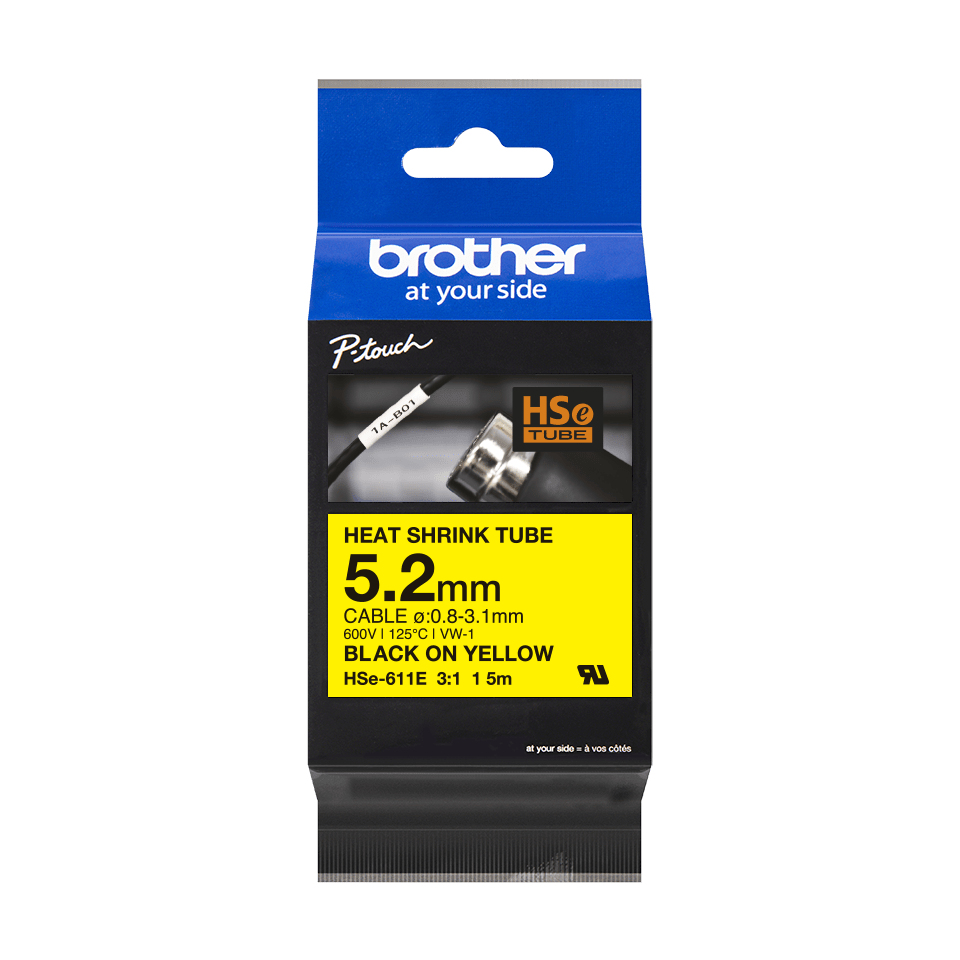 Brother HSe-611E / HSE611E heat shrink tube, black on yellow, 5.2 mm x 1.5 m