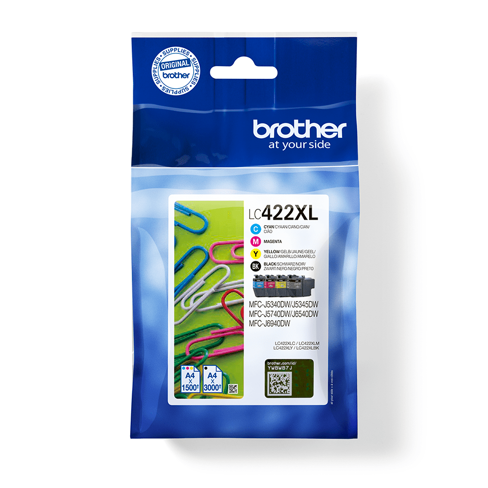 Pack cartouches d'encre Brother LC-422XLVAL / LC422XLVAL, 4 couleurs XL, 1 500 pages