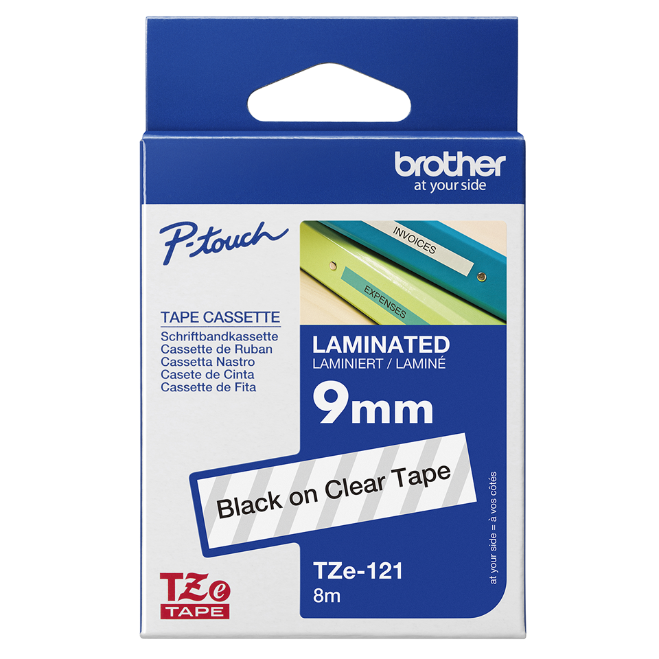 Brother Schriftband laminiert TZe-121 / TZE121, schwarz auf transparent, 9 mm x 8 m