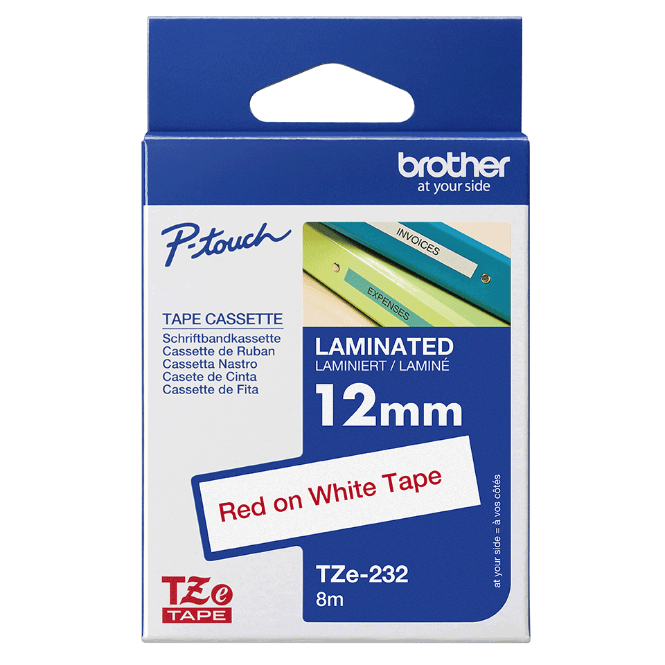 Ruban laminé Brother TZe-232 / TZE232, rouge sur blanc, 12 mm x 8 m