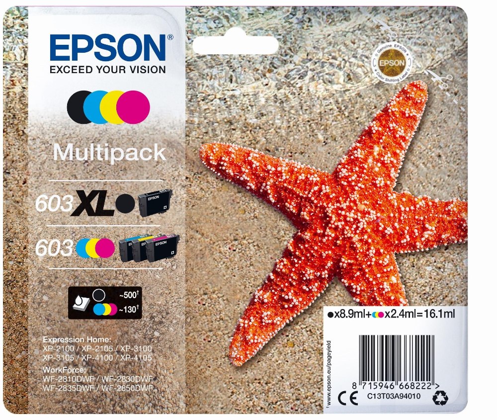Cartouche d'encre Epson 603XL/603 / C13T03A94020 4 couleurs, 500 pages