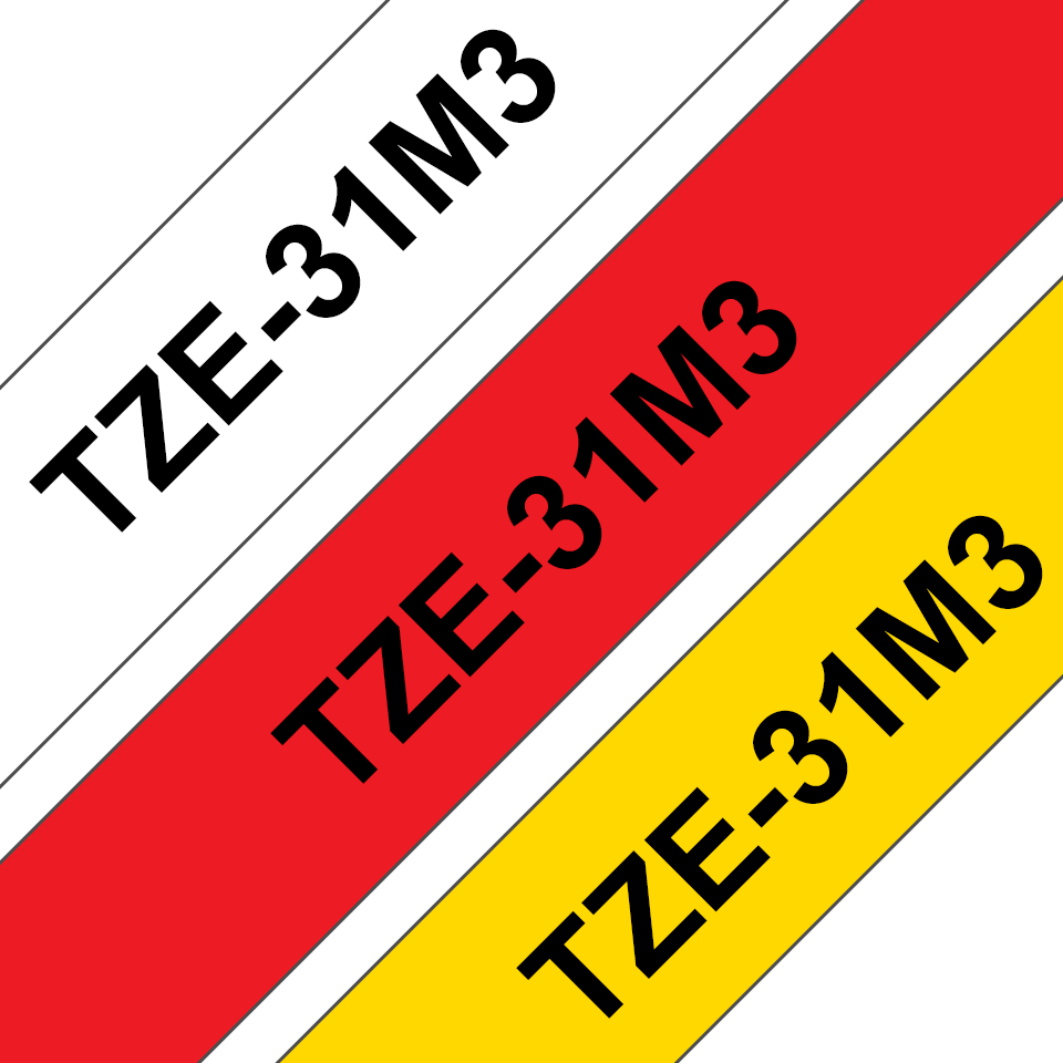 Ruban laminé Brother TZe-31M3 / TZE31M3, noir sur rouge, blanc et jaune, 12 mm x 8 m (3 cassettes)