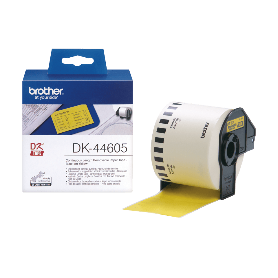 Rouleau continu papier repositionnable Brother DK-44605 / DK44605, noir sur jaune, 62 mm x 30,48 m